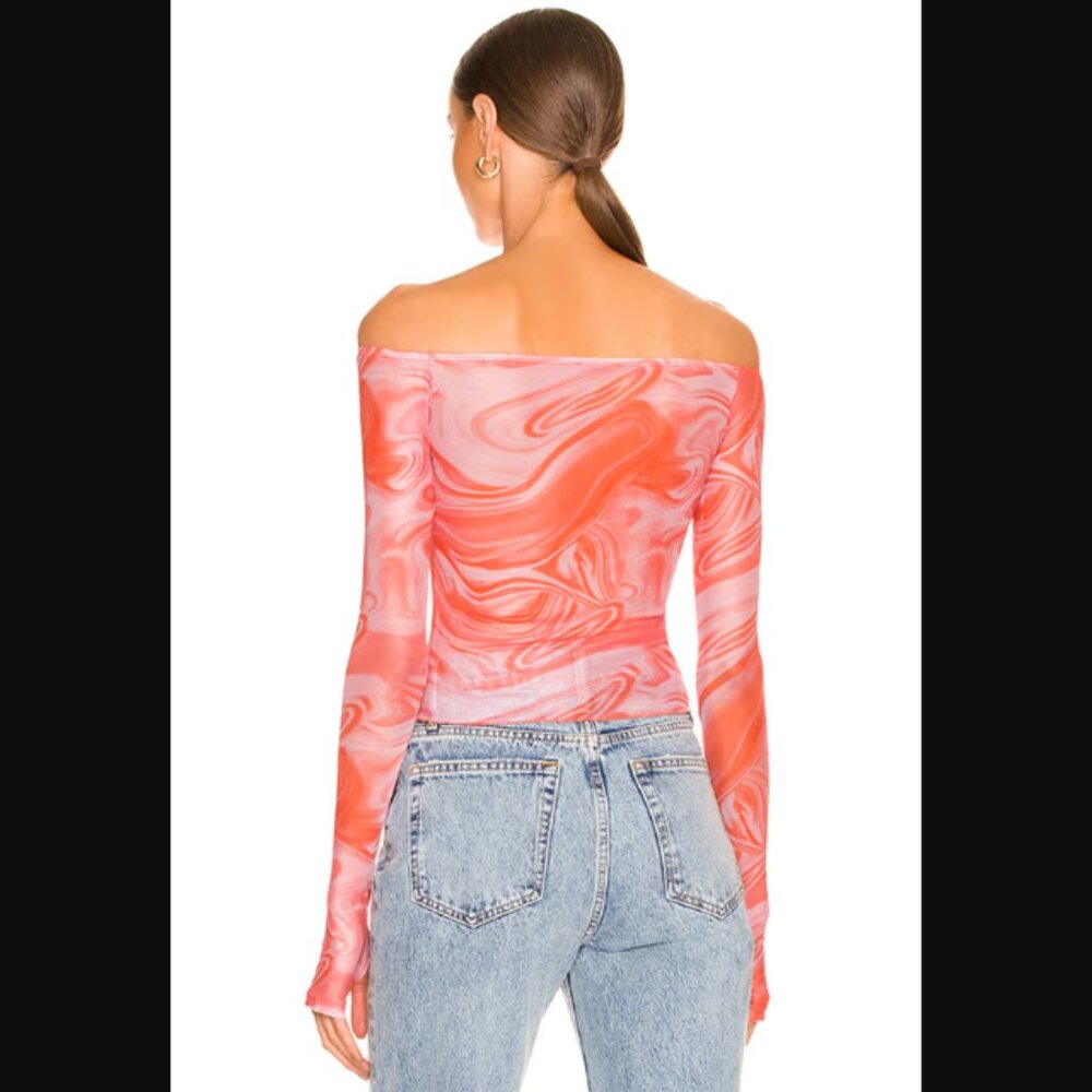 Superdown Revolve Emmie Off Shoulder Top Orange Pink Marble Swirl Semi-Sheer $58 - Picture 3 of 11